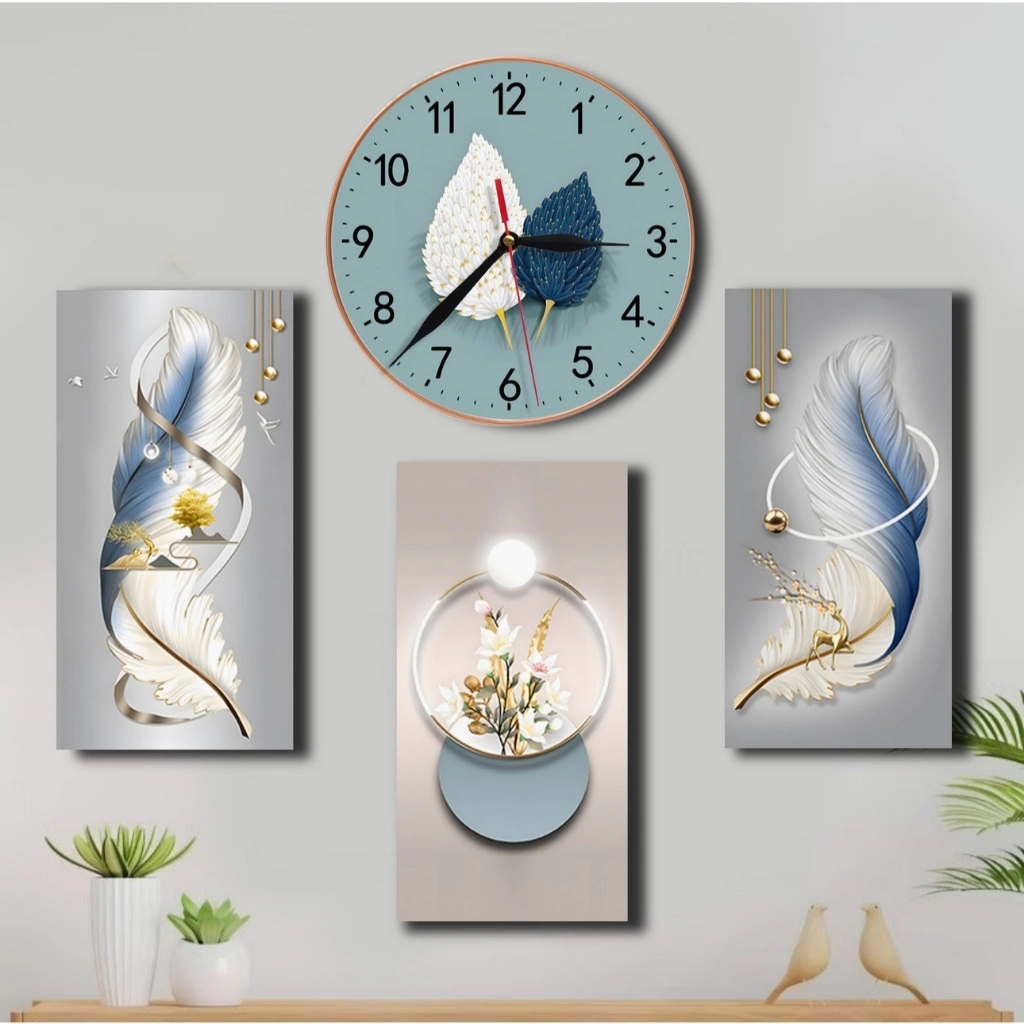 Jam Dinding 3D Tema Feather Lampu - Hiasan Dinding Minimalis Estetik Ruang Tamu