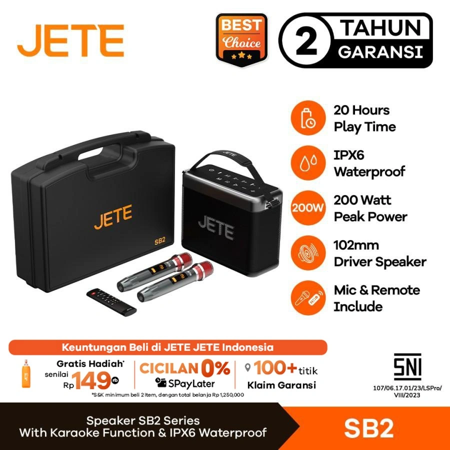 JETE Speaker Bluetooth Karaoke SB2 Super Bass With 2 Microphone Wireless Audio Musik With Port Gitar