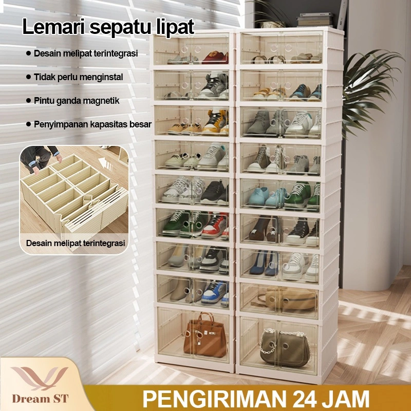 【Tanpa Instalasi】Dream Street Kotak Sepatu Lipat Rak Sepatu Portabel Lemari Sepatu Rak Sepatu Susun Lipat  Tertutup Bening Lemari Lipat Pintu Magnet/kotak Rak Lipat penyimpanan multifungsi