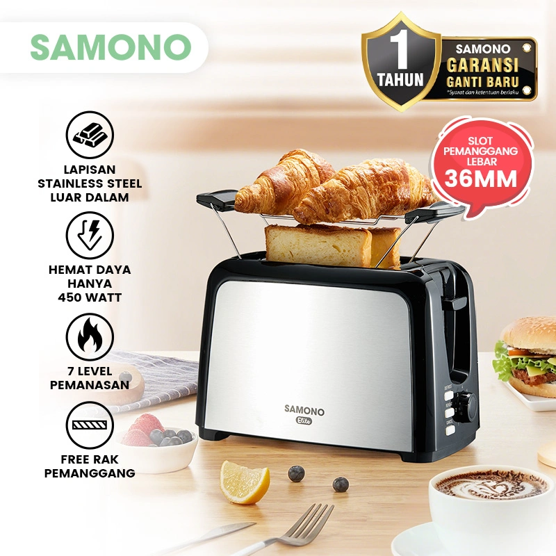 SAMONO Toaster Pemanggang Roti 450 Watt 7 Level Pemanas Dengan Rak Pemanggang Fungsi Defroast dan Reheat Garansi 1 Tahun SW-TS450