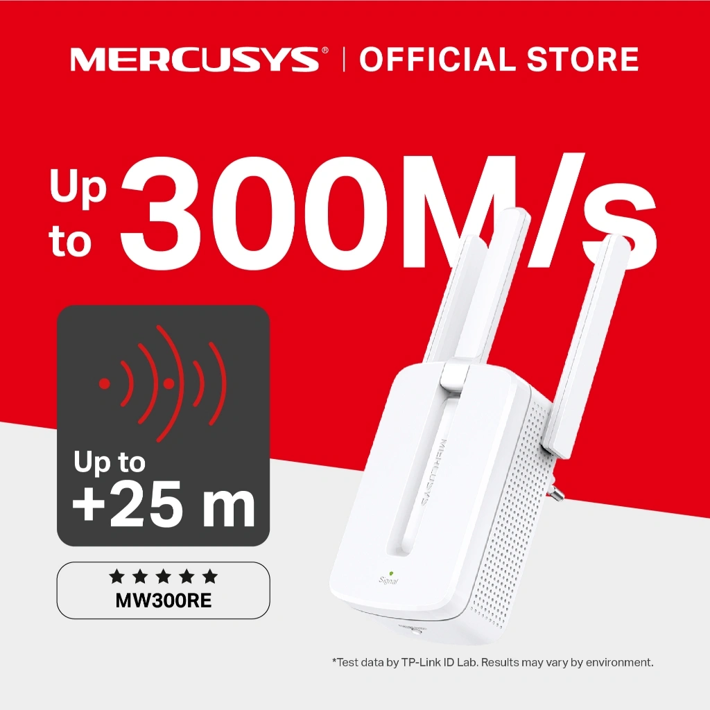 Mercusys | MW300RE | 300Mbps Wi-Fi Repeater | 2.4GHz | 3 Folding Antennas | Wireless Booster | WPA