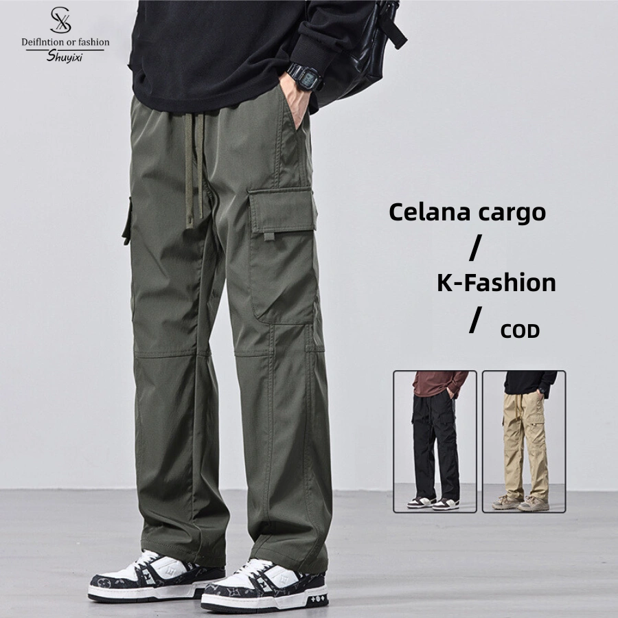 SUYX Celana Cargo Pria Lembut Lurus Celana Panjang Korean Style Oversize Celana Outdoor-3 Warna