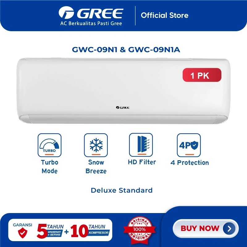 GREE AC DELUXE STANDARD N1A Series - 1PK - GWC-09N1A - KOMPRESSOR BLACK DIAMOND FIN - PUTIH (Indoor-Outdoor)