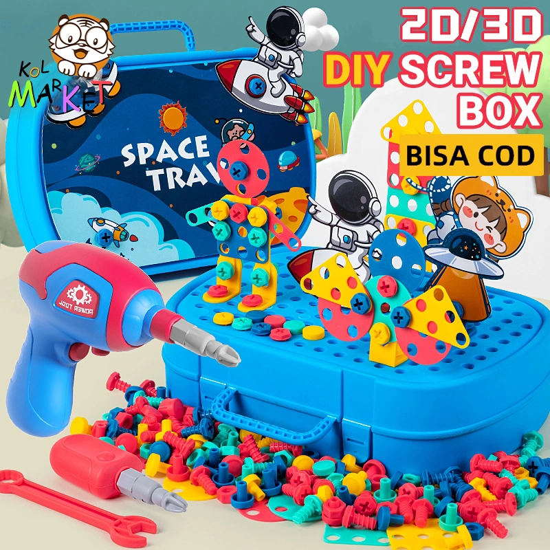 220+pcs Bor listrik Diy, sekrup bor listrik simulasi dinosaurus kreatif 3D, mainan Puzzle rakitan bor listrik bongkar pasang