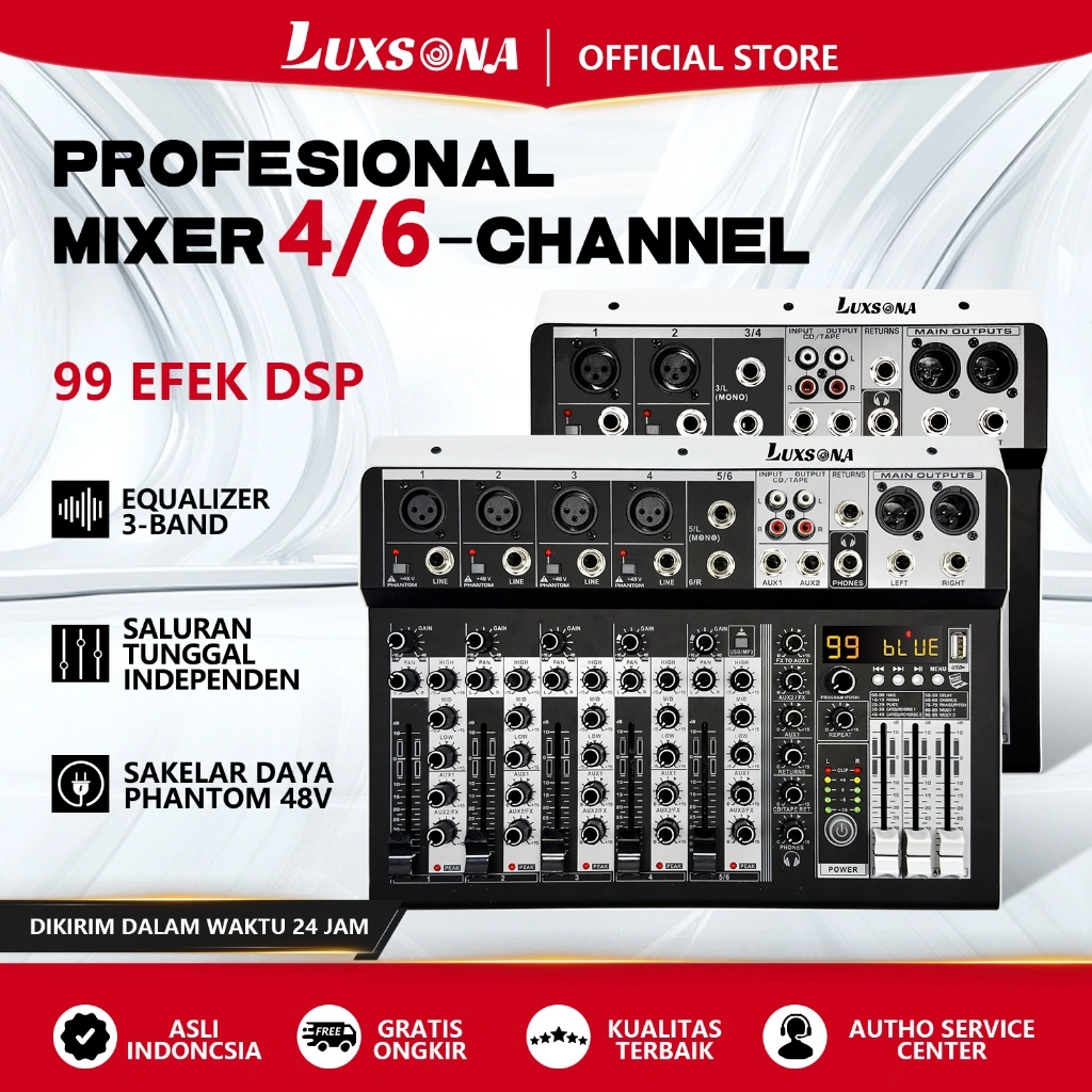 LUXSONA 4/6 channel Mixer audio/99DSP Mixer suara /Misker audio profesional/ashelly mixer USB Bluetooth Amplifier/Antarmuka audio 6 saluran/MP3 mixer premium Konsol Profesional DJ
