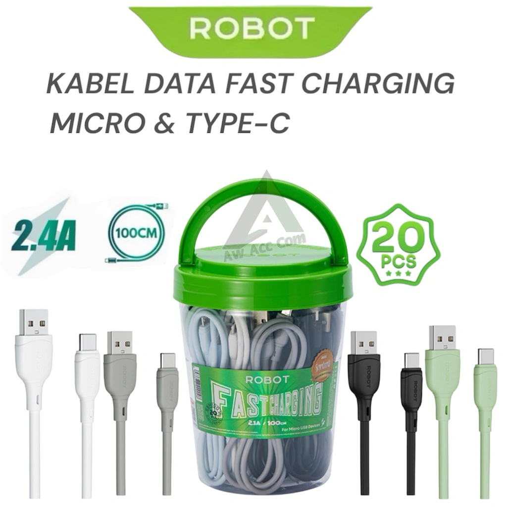 (isi 20/Toples) Kabel data Fast Charging Micro Usb/ Type C/ Lightning 2.1A/ 2.4A Colorful 100cm Per Toples Robot RBM RBC