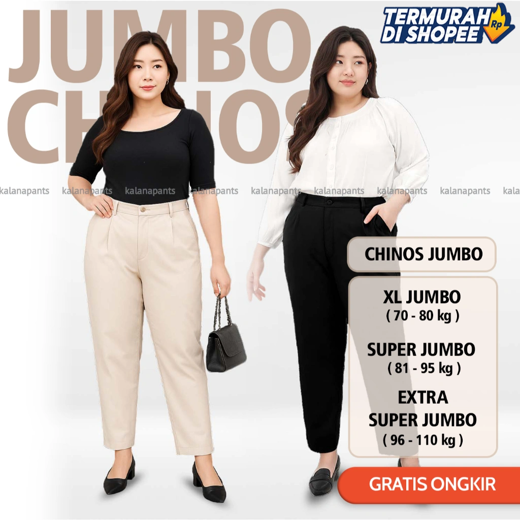 Celana Chinos Jumbo Wanita Celana Bahan Melar Stretch Jumbo Kerja Kantor Original by Kalana