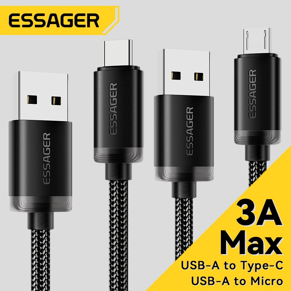 Essager Kabel Pengisian Cepat  USB ke Mikro/Tipe C 2A/3A USB 2.0 480Mbps Transfer Data Kabel Jalinan