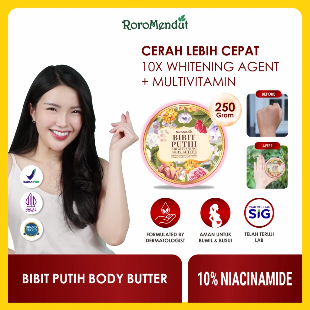 [10% NIACINAMIDE] RORO MENDUT Bibit Putih Whitening Booster Body Butter Cream BPOM | Kulit Putih Cerah Merata Instant Glowing Bebas Belang Kusam HALAL Pemutih Tubuh Badan Lotion NED DED High Dose Dosis Tinggi Collagen Susu Milk Penghilang Bekas Luka