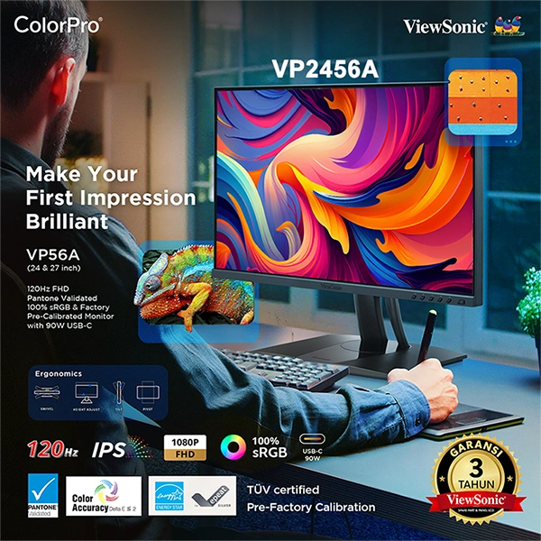 Monitor LED 24" ViewSonic VP2456A 120Hz FHD Pantone Validated 100% sRGB & Factory Pre-Calibrated Monitor with 90W USB-C