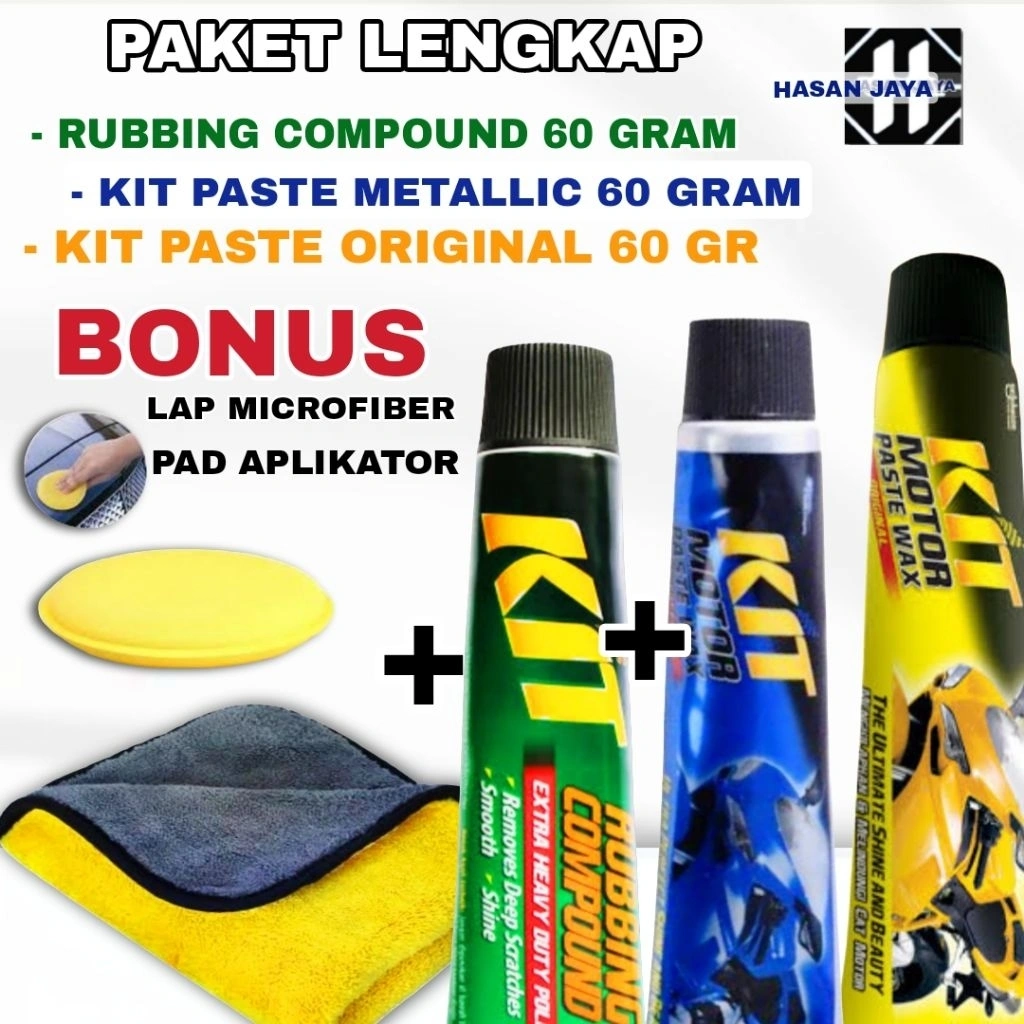 Paket Isi 4 - Kit Rubbing Compound 60 Gram + Kit Paste Wax Biru 60 Gram + Kain Lap Microfiber + Busa Poles