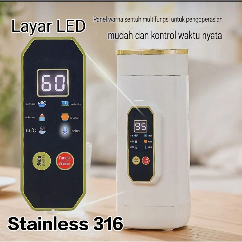 Kettle Listrik kapasitas 650ml Tampilan Layar LED Bahan Stainless 316 / Termos Isolasi Pemanas Air / Masak Air Panas, Bubur, Minuman Desert Herbal, Seduh Susu / Digital Smart Electric Kettle