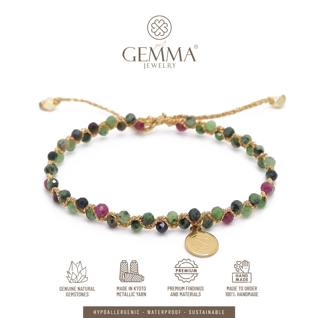 Gemma Jewelry - Chevron Ruby Zoisite Gemstone Bracelet | Gemstone & Anti Karat 14K Gold Plated | Gelang Batu Alam Asli | Gelang Tangan