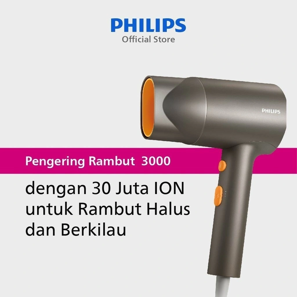 Philips | Hair Dryer 3000 | Pengering Rambut | 30 Juta Ion Untuk Rambut Halus dan Berkilau | Abu-abu Metalik | BHD321/00