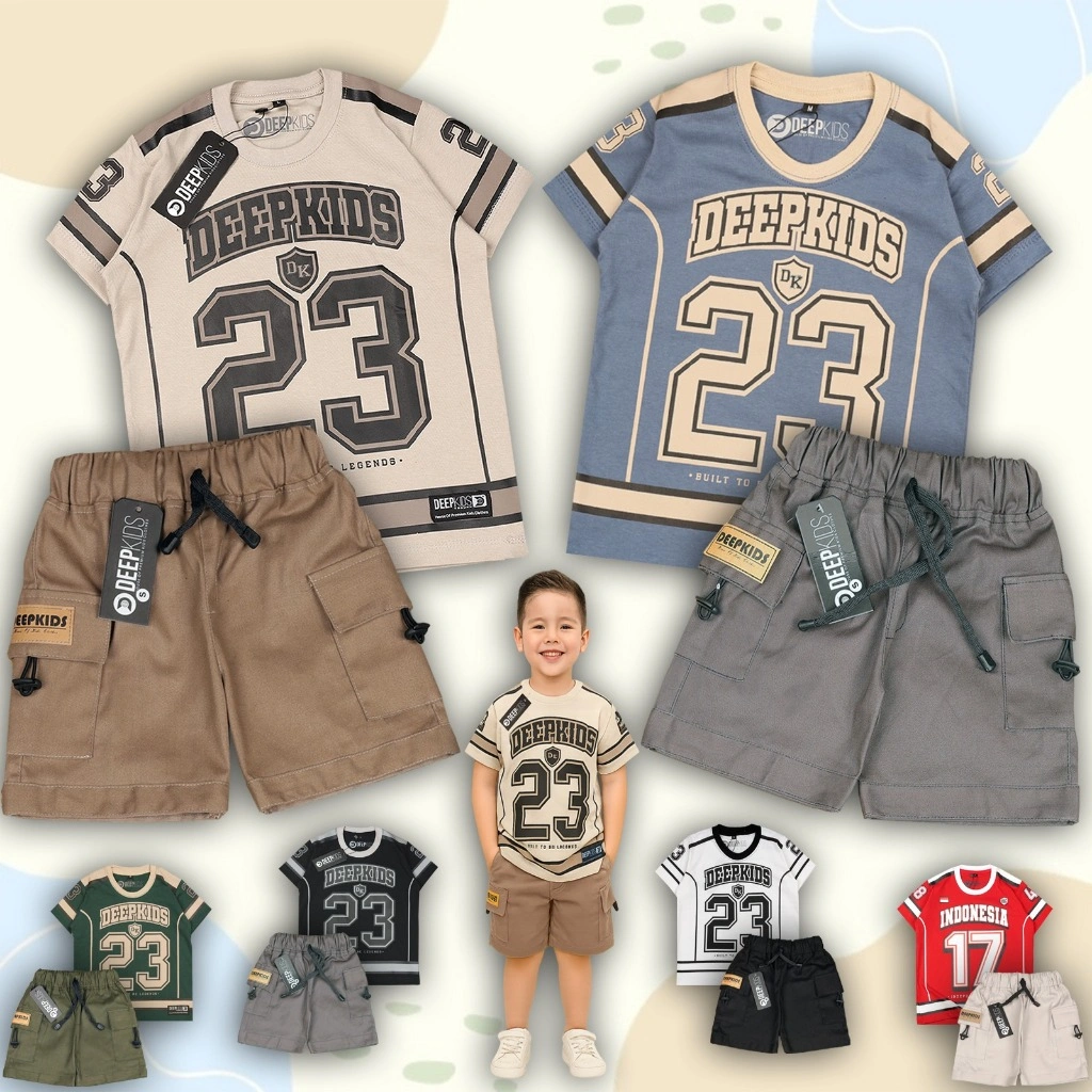 Setelan Anak Laki Laki Kaos Jersey  Bahan Cotton Combed dan Celana Cargo Pdk Premium Usia 1 2 3 4 5 6 7 8 9 10 11 12 Tahun | Set KJR Cargo Pdk