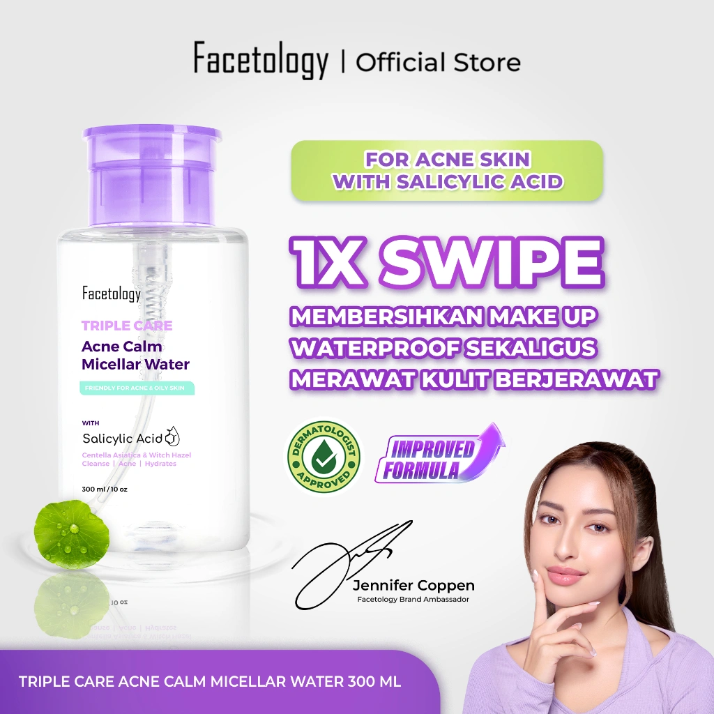 Facetology Triple Care Acne Calm Micellar Water 300 ML Pembersih Wajah Salicylic Acid Untuk Kulit Berjerawat dan Berminyak
