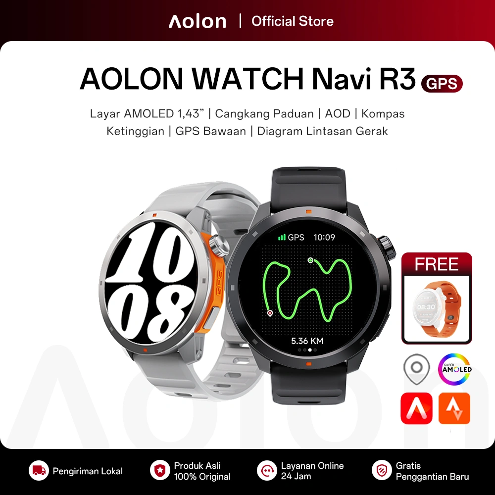 Aolon Navi R3 Jam Tangan Smartwatch GPS Map Amoled AOD Display Smart Watch Pria original 100% Pace Altitude Air Pressure Sport