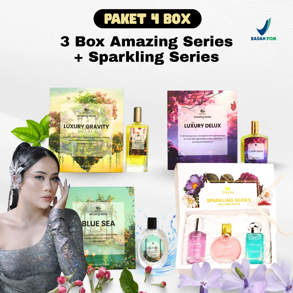 PAKET 4 BOX, SPARKLING + 3 AMAZING SERIES DAPAT 4 BOX PARFUM PREMIUM BY DVARA PARFUME Long Lasting Tahan Murah PARFUM UNISEX COWOK CEWEK PRIA WANITA Scentplus Eau De untuk Glamour