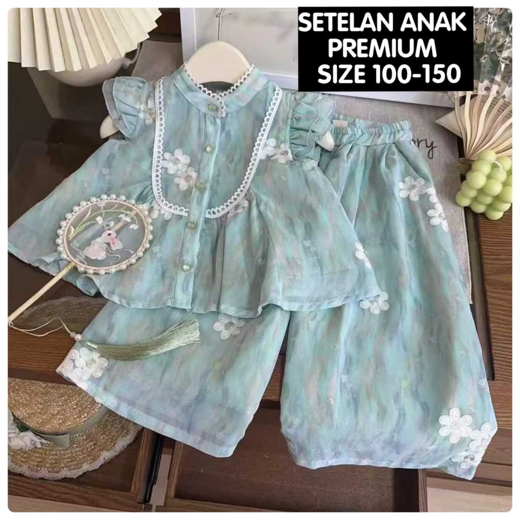 (LOLI-JKT) BS- 867 SETELAN ANAK BAJU MINT MOTIF BUNGA BORDIR CELANA KULOT SIZE 100-150