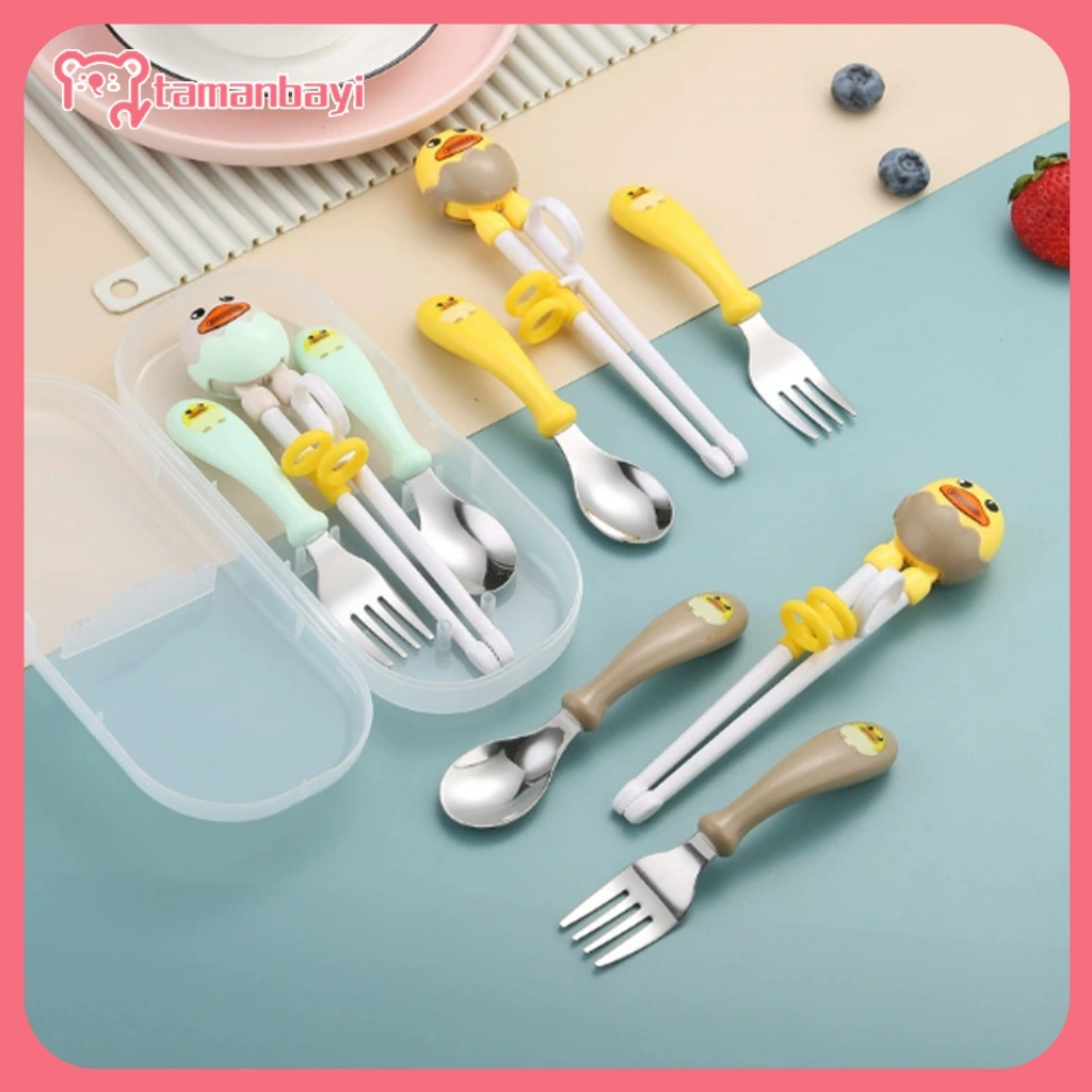 3 in 1 Set alat makan kartun anak Sumpit Pelatihan Bayi Stainless Steel + Sendok + Garpu Set /Alat makan anak Cutlery set for baby