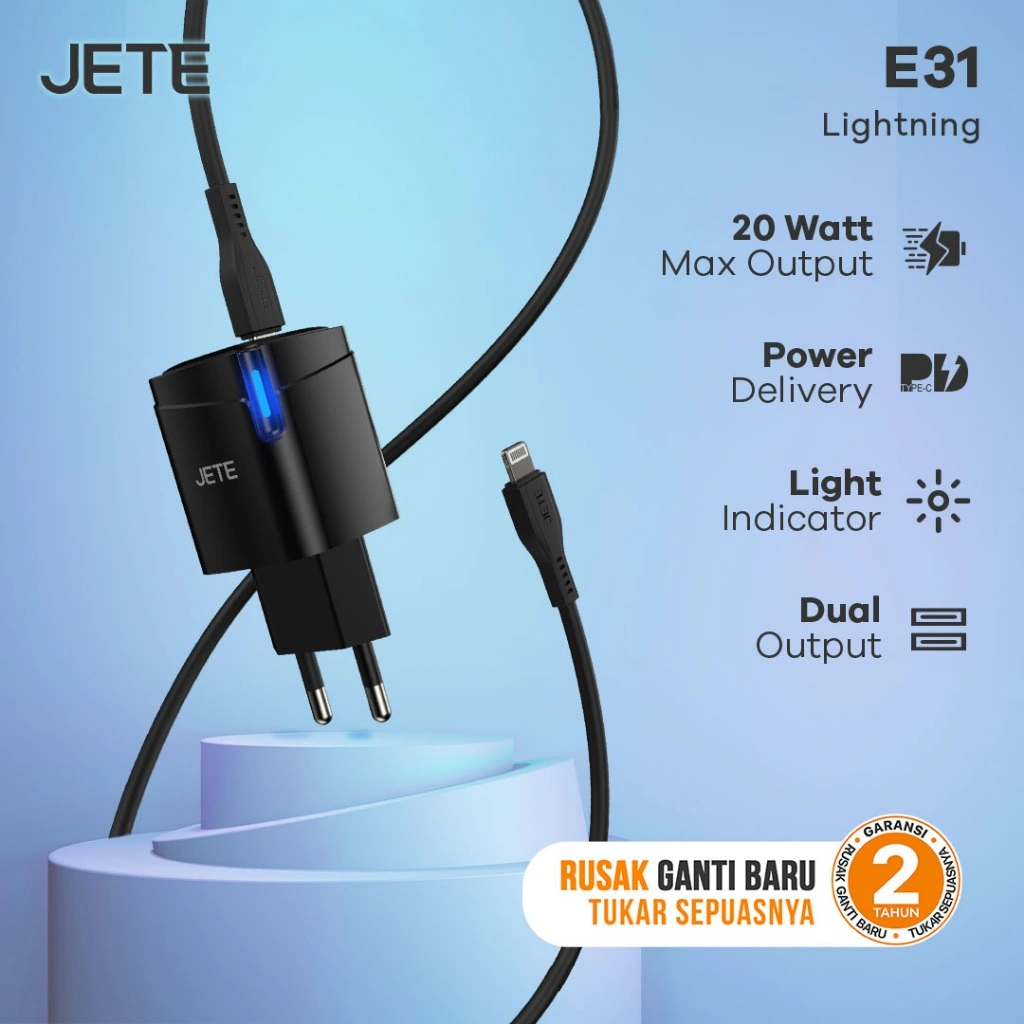 Charger Hp Fast Charger 20W 25W JETE E31 Tambah Kabel Tiny3 Type C To C /  Lightning 100cm - Garansi 2 Tahun