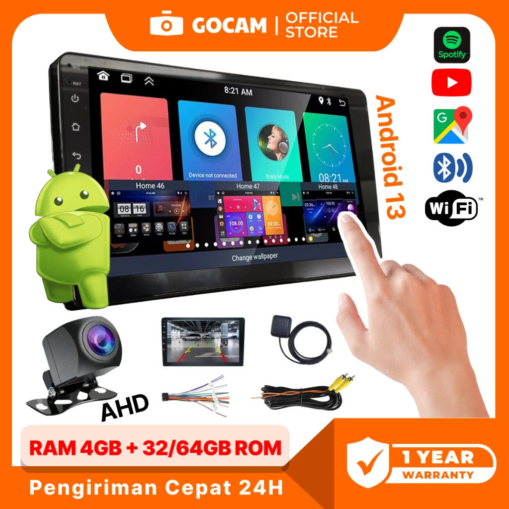GOCAM Head Unit Android 9inch 4+32/64G 7/9/10inch + Cooling System Car Android 13 Audio Mobil GPS BT Music WIFI Navigasi Kamera Mundur Multimedia Mirrorlink Reverse Display Bluetooth