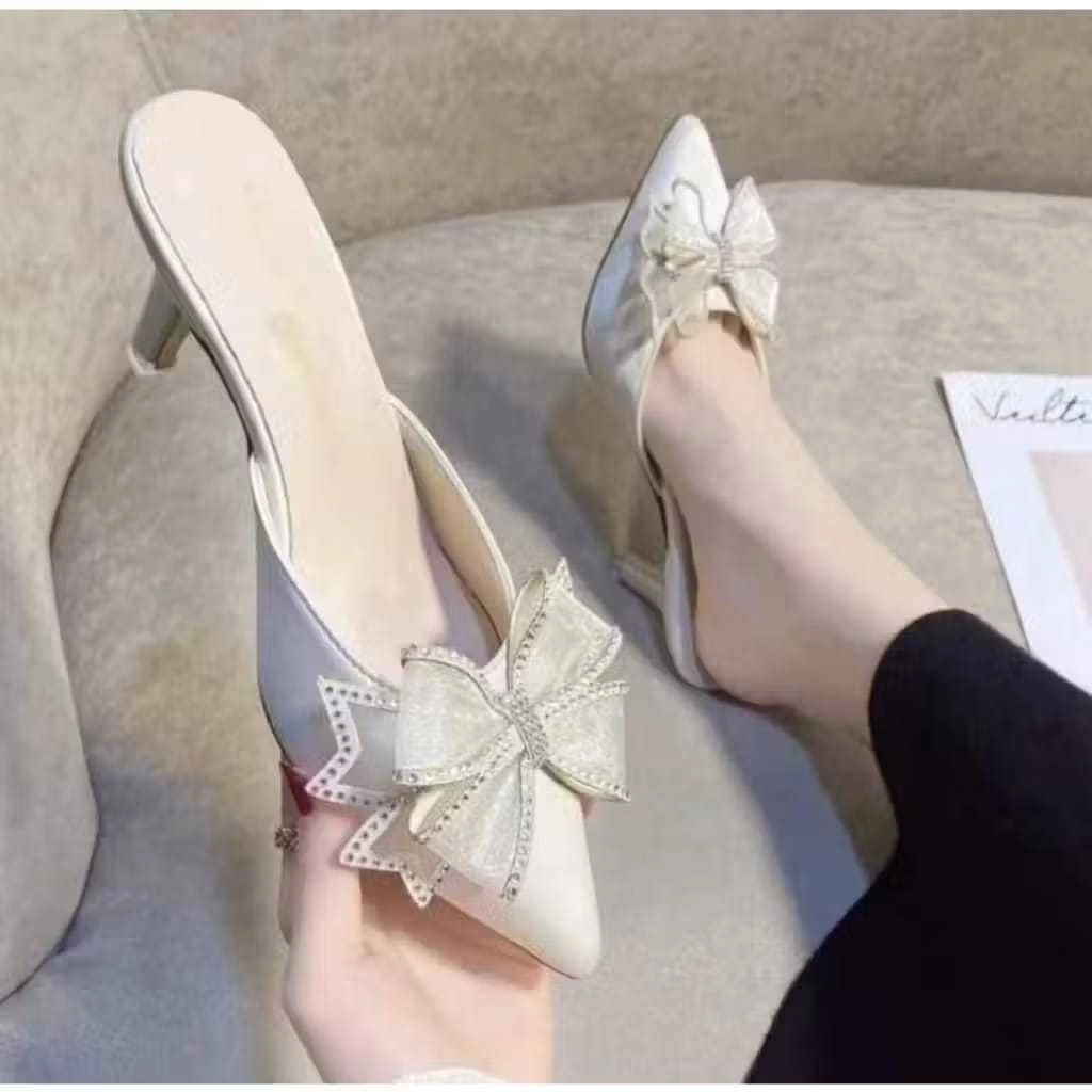 Bilqis_ High Heels Sandal Wanita Pesta Pita Diamond Mules 7 Cm Model Elegan Kekinian Terbaru