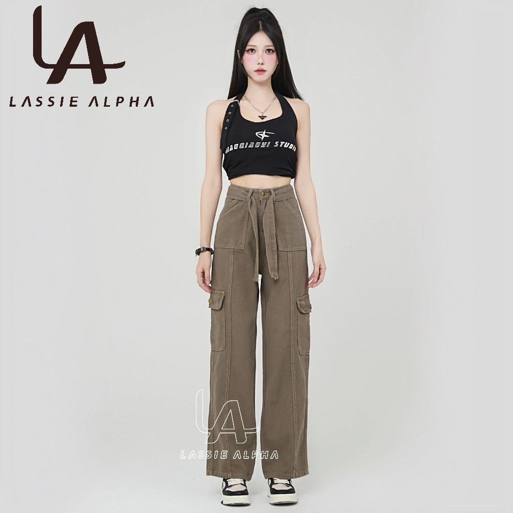 Lassie alpha J41 ready stok celana cargo jeans wanita HW Celana panjang boyfriend jeans kulot celana kargo wanita high waist jeans lurus Celana panjang Banyak saku Jeans kasual jeans longgar celana