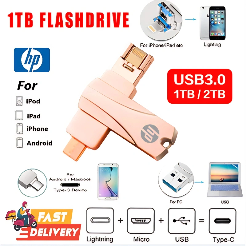 For i Phone/Android/PC Flashdisk OTG 1TB Flash Drive 3 in 1 Rotation Pen Drive [ios/Type-c/USB]