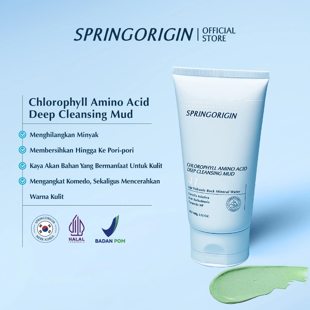SPRINGORIGIN Chlorophyll Amino Acid Deep Cleansing Mud Facial Wash Sabun Cuci Muka Masker Volcanic Mud Low PH Cleanser 100g