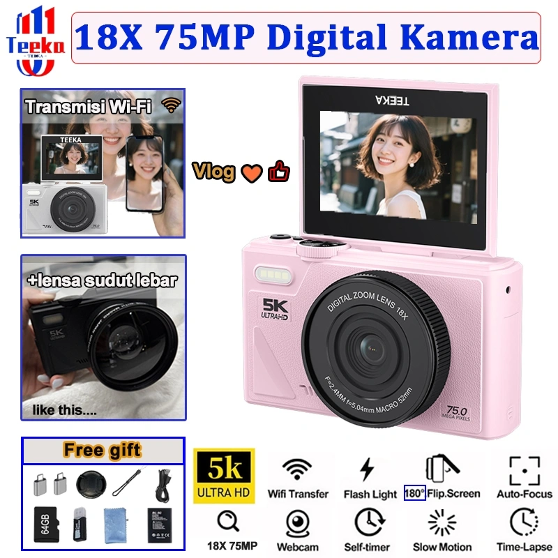 TEEKA W1 Wifi 5K Kamera Digital 80MP 75MP Retro Kamera Zoom 18x Dukungan Selfie Hadiah Pemula Kamera Blogger Dengan Kartu 64GB