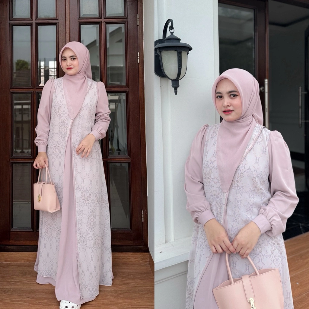 NNfashion ~ KHANSA DRESS COUPLE ANAK GAMIS WANITA MUSLIMAH Dewasa Remaja Ibu Ibu Motif KOMBINASI Polos Mahogany