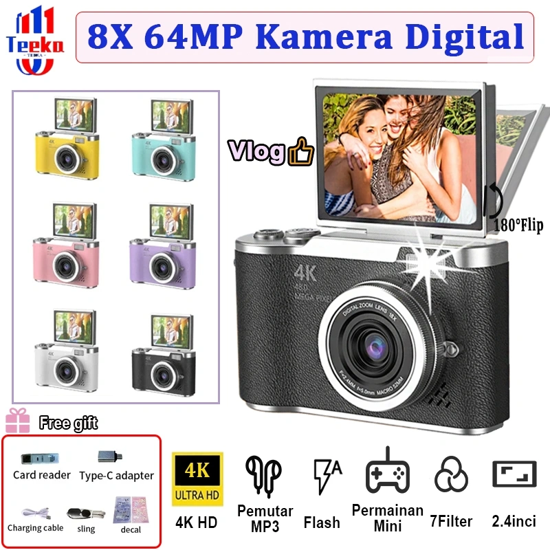 TEEKA LK007 64MP Digital Camera Flip Screen Video 4K 8X Digital Zoom Dengan Dukungan Selfie Koneksi untuk Hadiah Pemula Dengan Kartu 64GB