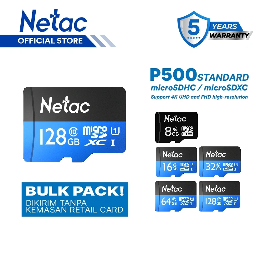 Netac MicroSD P500 Standard 8GB/16GB/32GB/64GB/128GB MicroSDHC / MicroSDXC UHS-I Class 10 up to 90MB/s Bulk Pack