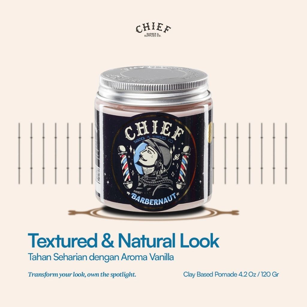Chief Space Clay Pomade 120 gr – Natural Look, Textured dan Matte Finish – Beeswax & Vitamin E – Untuk Gaya Bertekstur