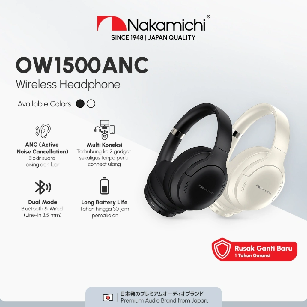 Nakamichi OW1500 ANC Headphone Bluetooth Gaming Super Bass Mic Wireless
