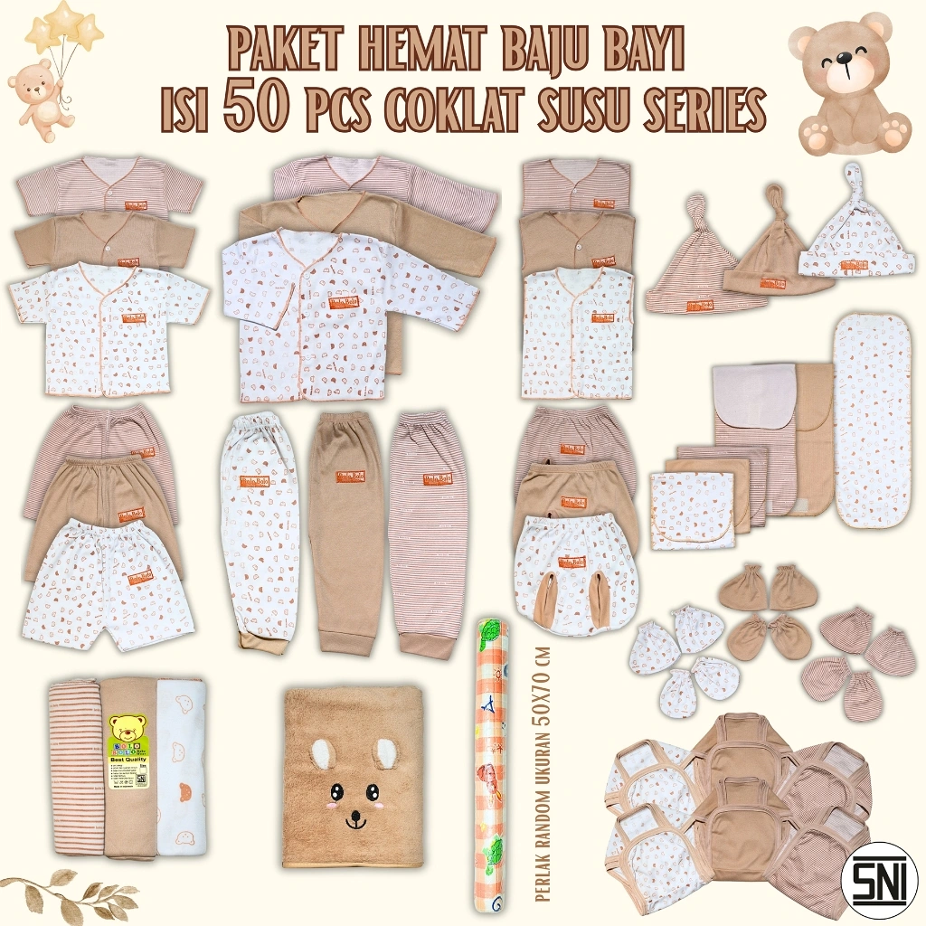 50 PCS Paket Hemat Bundling Baju Bayi Baru Lahir Setelan Newborn 0 sd 3 Bulan SNI Bolo - Bolo