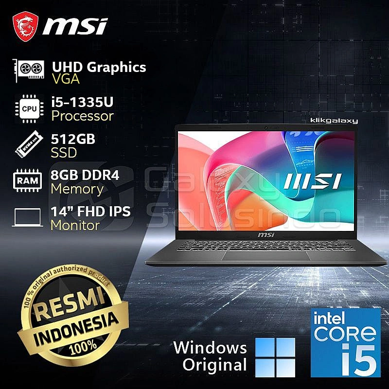 MSI MODERN 14 F13MG 062ID - Intel Core I5 1335U 512GB SSD 8GB RAM INTEL UHD Graphics  - Platinum Grey Notebook Laptop