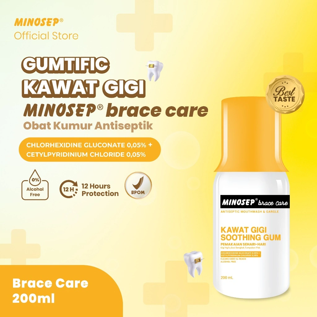 Minosep BRACE CARE Obat Kumur Antiseptik 200ml 1 botol BEHEL KAWAT GIGI Plak, Gusi Bengkak, Ngilu