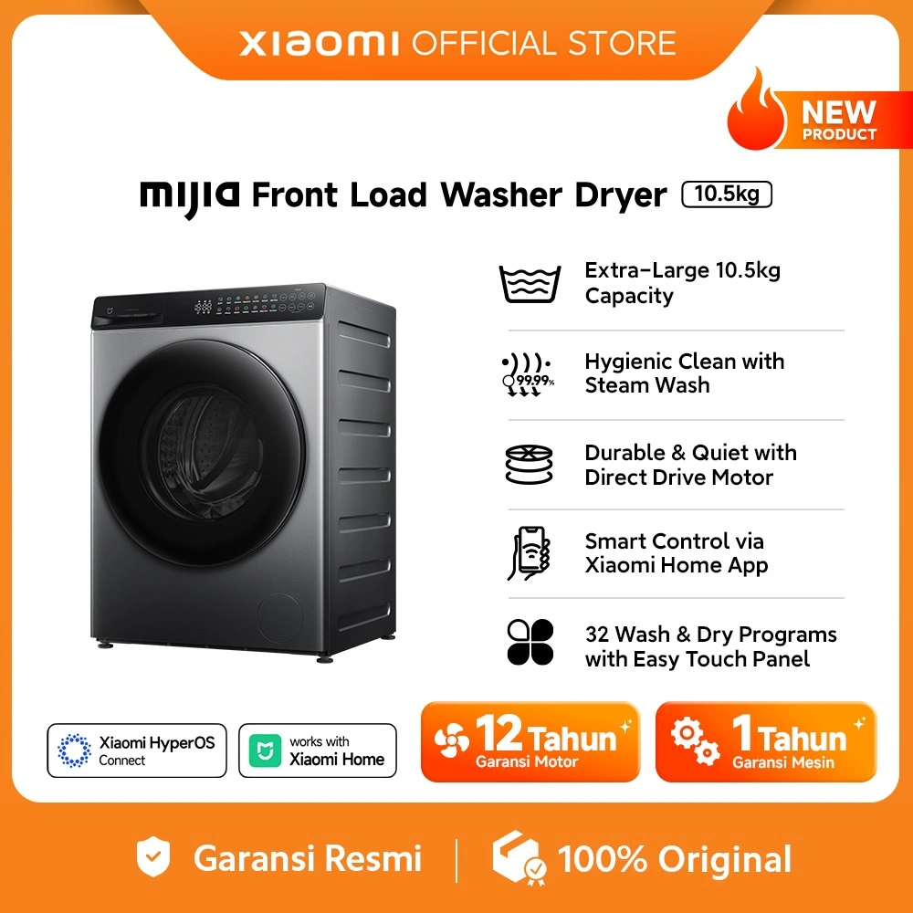 [Unit Only] Xiaomi Mijia Mesin Cuci Front Load Washer Dryer 10.5kg | Steam Wash | Direct Drive Motor | Smart Control | WD105MJA10ID [Official Store]