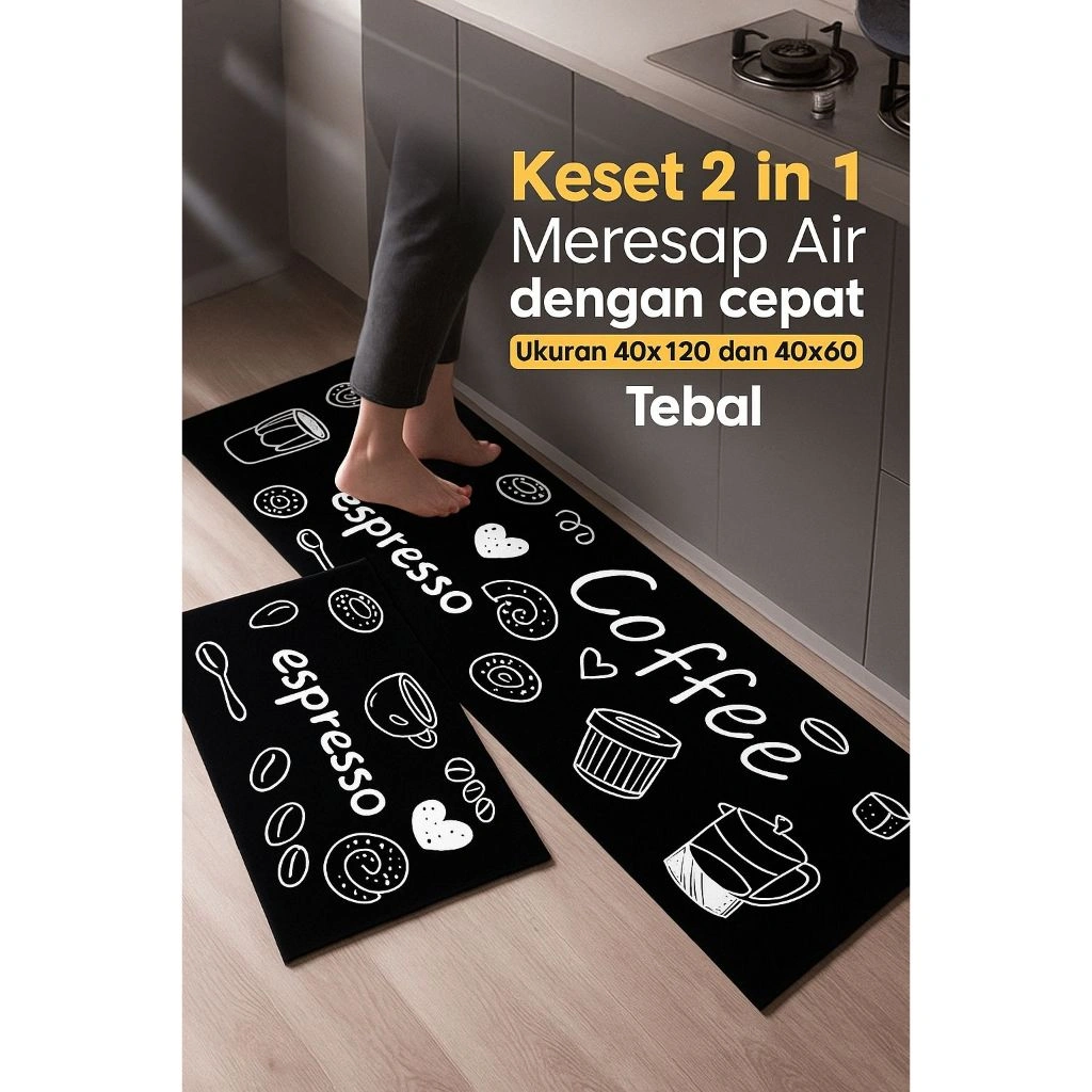 PGOODS - Keset Kaki Dapur Anti Slip Keset Modern Alas Kaki Lantai 2in1 Keset Lantai 40x60 dan 40x120 cm