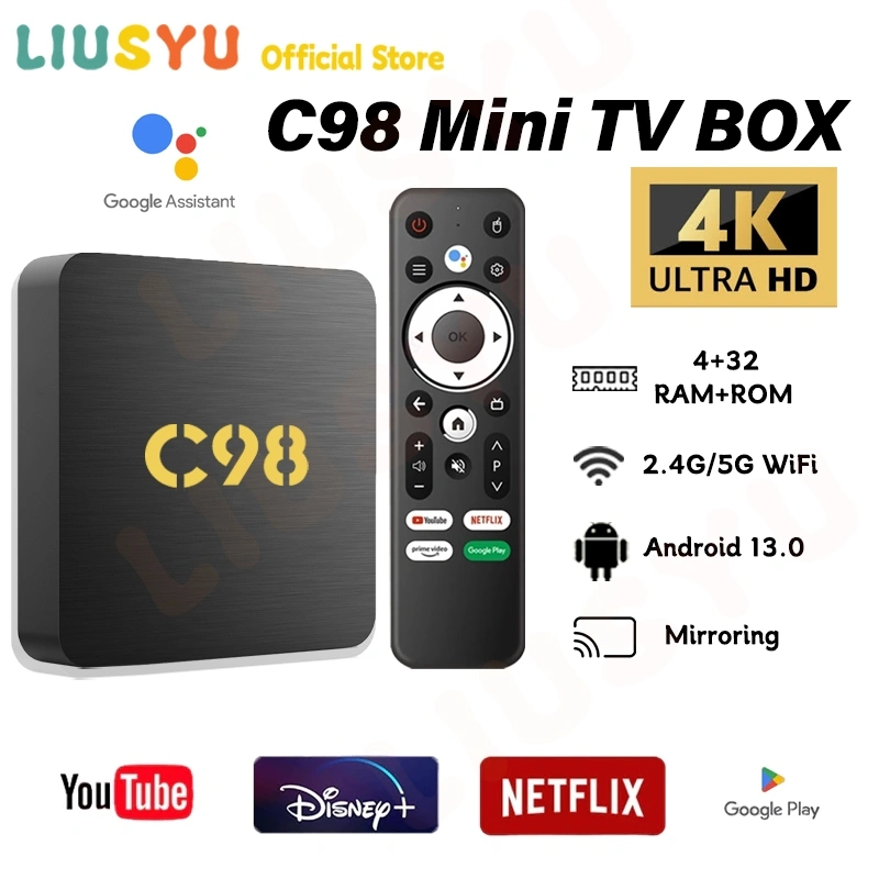 LIUSYU C98 Mini Android Tv Box Android 13.0 OS 2.4G/5G WiFi Bluetooth Smart Tv Box Unlock FULL CHANNEL TV & Film & APP (Netflix / Disney / Globo TV) Full HD Smart TV Box