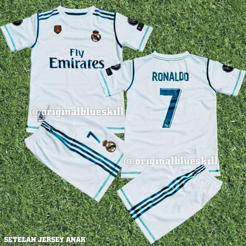 Setelan jersey anak realmadrid home 2017-18 / setelan baju bola anak / pakaian olahraga anak / jersey sepak bola anak / setelan jersey anak ronaldo