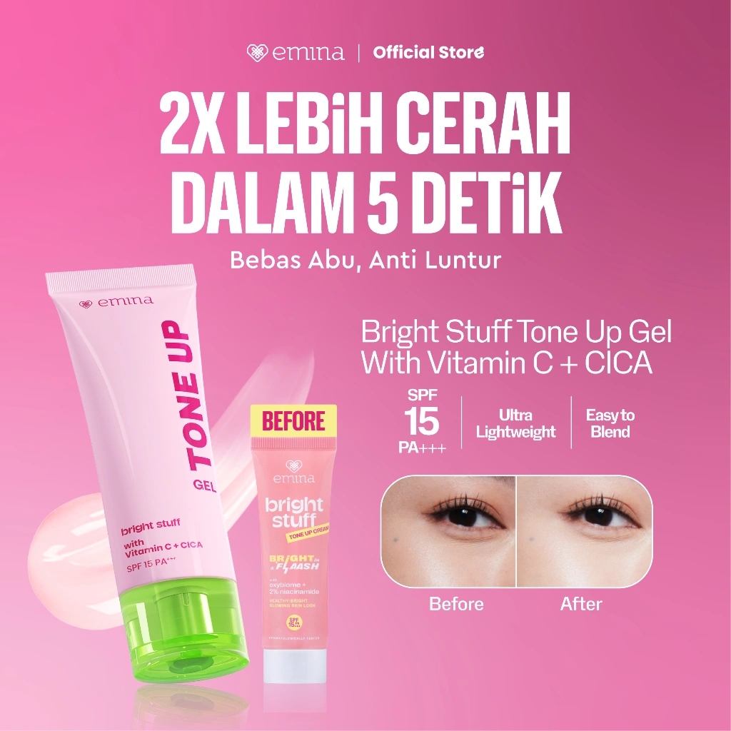 NEW! Emina Tone Up Cream Gel 20 ml - Instan Mencerahkan Kulit, Efek Tone-up Glowing Skin, UV Protection SPF 15, No Whitecast, Tekstur Ringan, Anti luntur, Easy to Blend, Brightening Formula, Mudah Menyerap, Cocok untuk semua jenis kulit