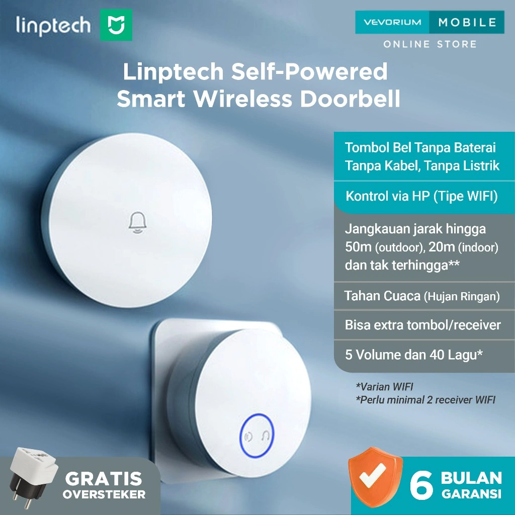 [Mendukung Xiaomi Home App] Linptech Self-Powered Smart Wireless Doorbell | Bel Pintu Rumah Tanpa Kabel / Baterai / Listrik | Koneksi WIFI dan Signal RF