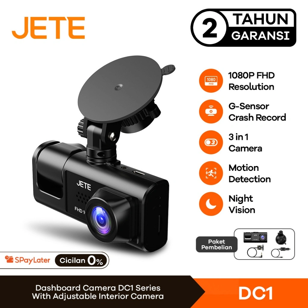 JETE Dashcam Mobil DC1 Dash cam 3 Lensa Kamera 1080 Night Vision Loop Car Front Rear Recording