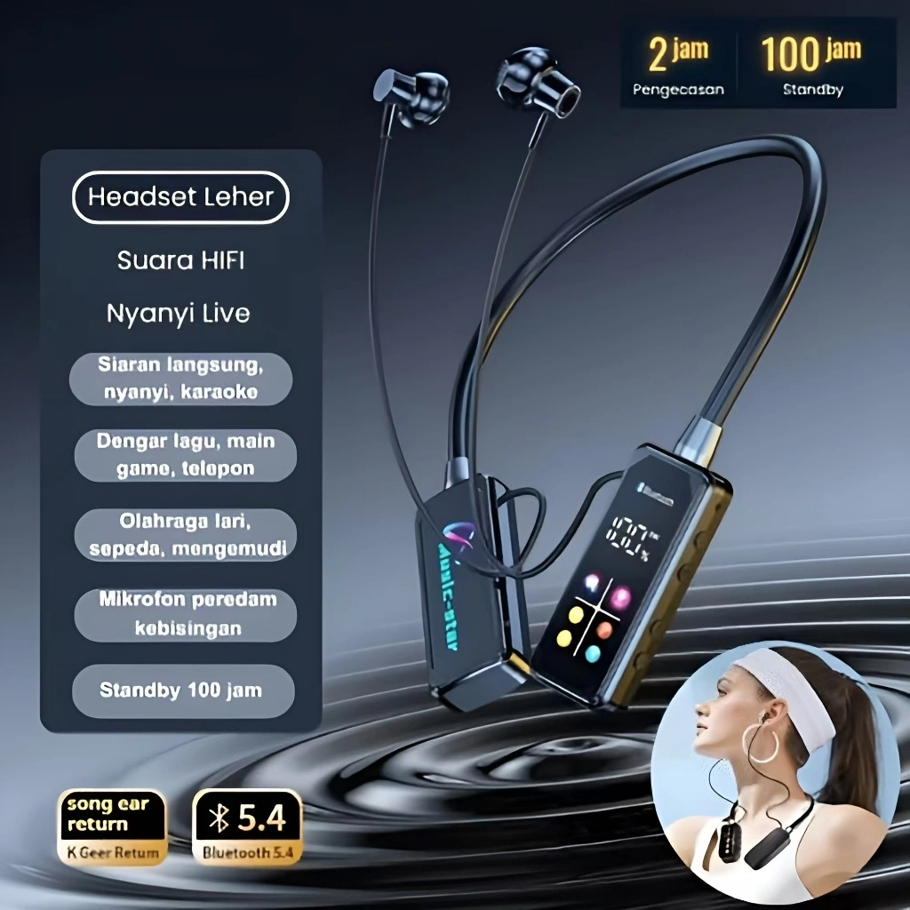 HD Screen Bluetooth Neckband Headphones Headphone Leher Bluetooth 5.4 HiFi Stereo Outdoor Sports Headset with Mic LED Display Long Battery Life Noise Reduction Waterproof