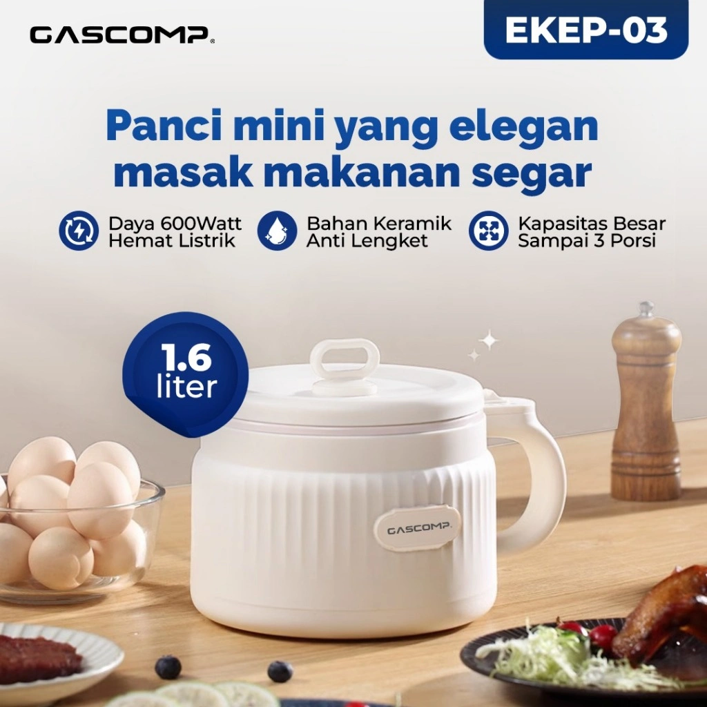 GASCOMP Panci Listrik Multifungsi Low Watt Electric Cooking Pot EKEP 03 Panci Listrik Anak Kos Portable 1,6L Satu Alat Banyak Fungsi Panci Listrik Serbaguna Lapisan Keramik Anti Lengket Untuk Goreng Masak Nasi Hot pot Rice cooker Mini Garansi 1 Tahun