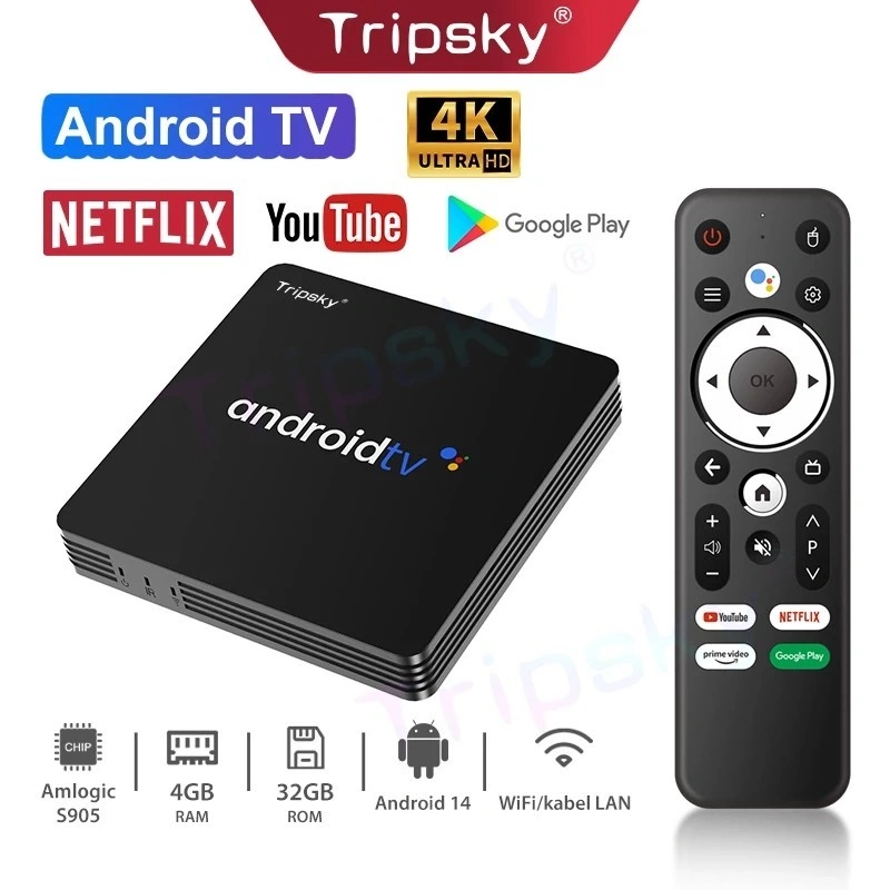 Tripsky Android TV Box Android 14.0 OS Ram4GB Rom 32GB Smart TV Box 4K Ultra HD Set Box TV Digital