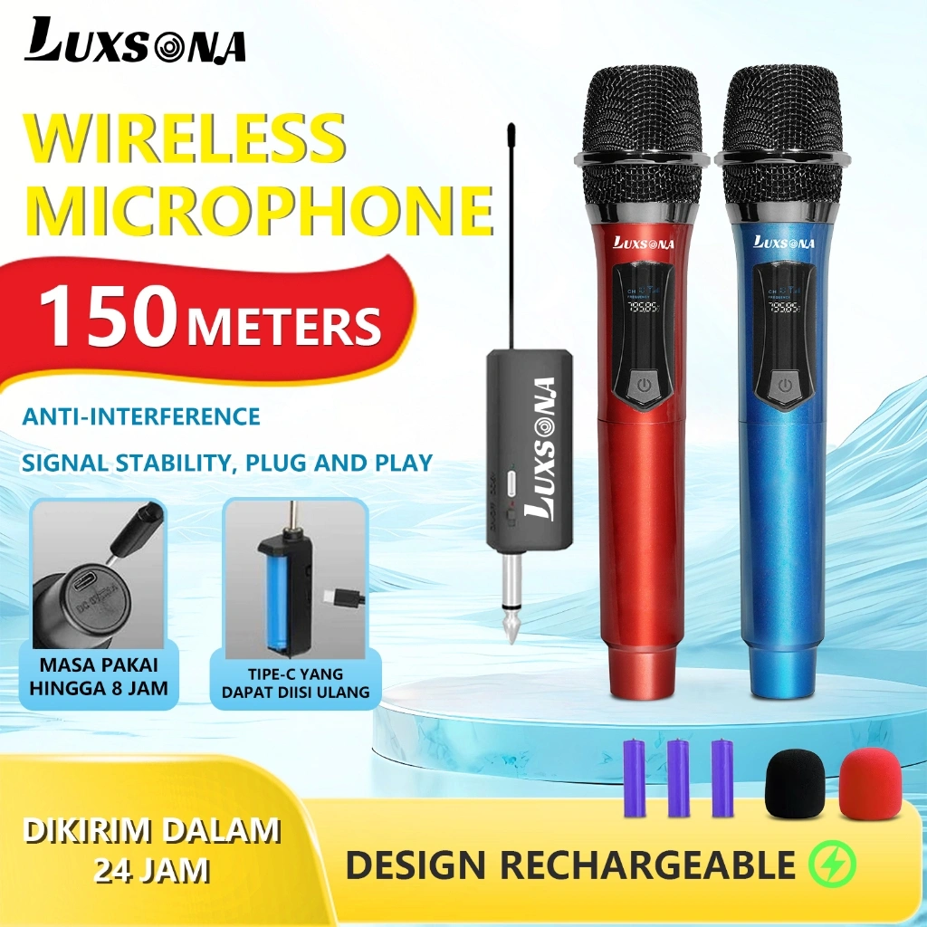 LUXSONA Mikrofon Nirkabel/Mikrofon Karaoke Ganda/Mic Karaoke Wireless Asli Profesional Murah/Mikropon Karaoke Genggam isi ulang Dengan Sistem Penerima